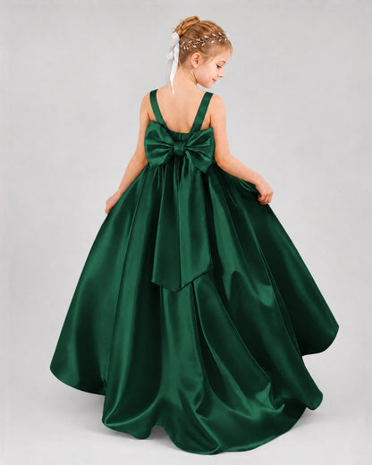 Dark Green Satin A-line Flower Girl Dress Back View