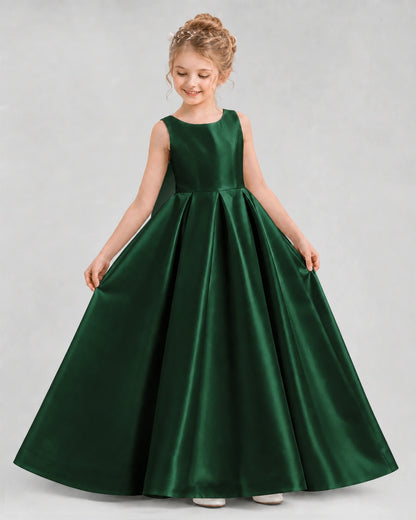 Dark Green Satin A-line Flower Girl Dress Front View