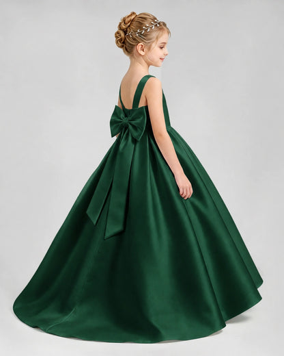Dark Green Satin A-line Flower Girl Dress Side View