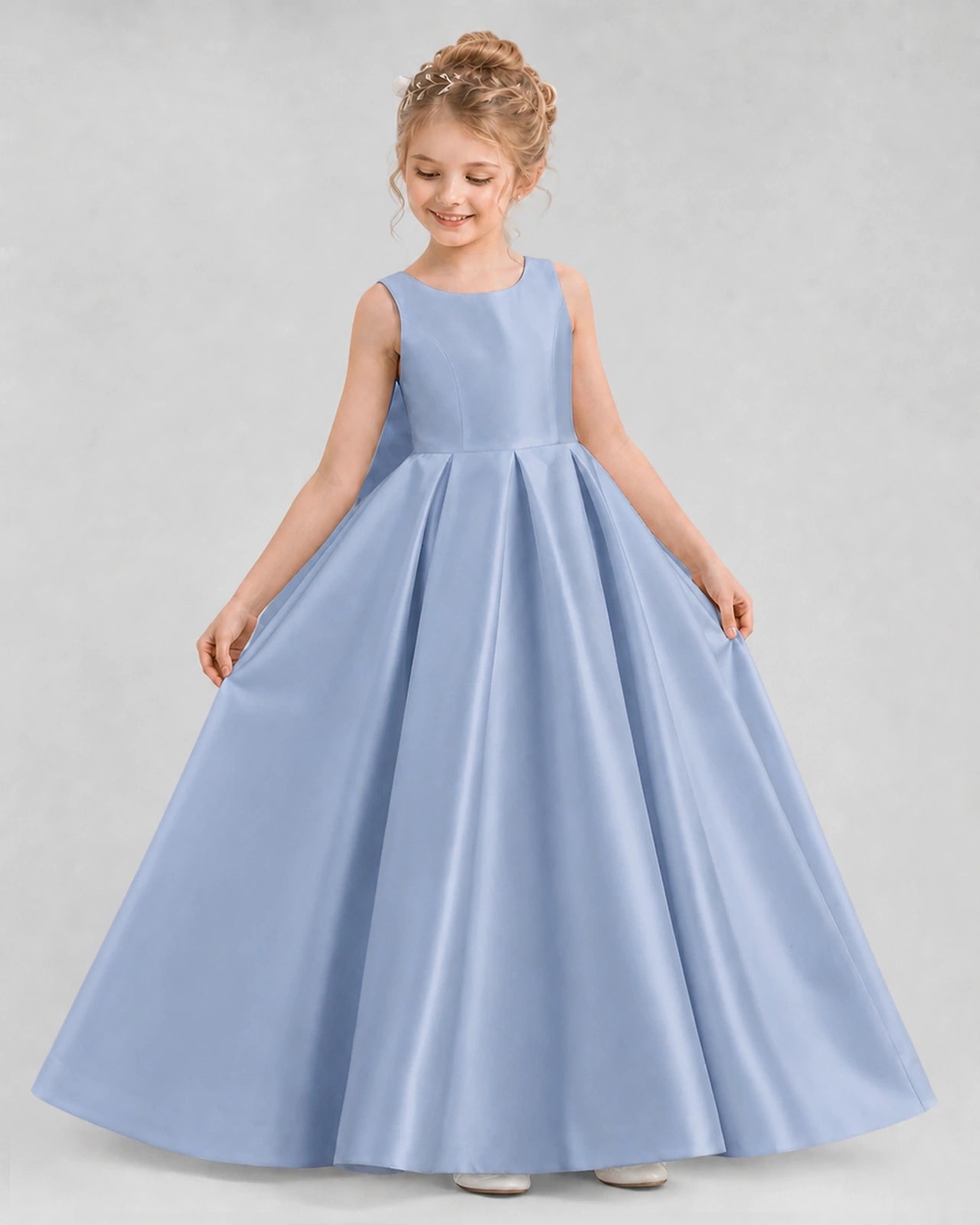 Dusty Blue Satin A-line Flower Girl Dress Front View