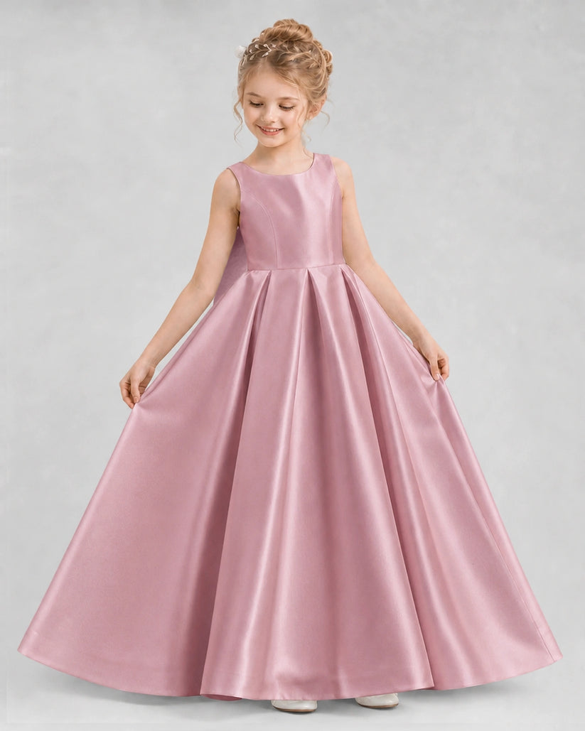 Dusty Rose Satin A-line Flower Girl Dress Front View