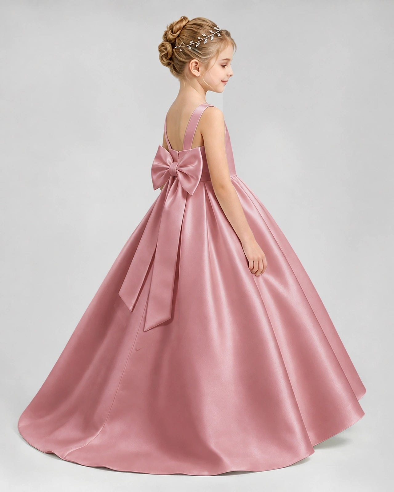Dusty Rose Satin A-line Flower Girl Dress Side View