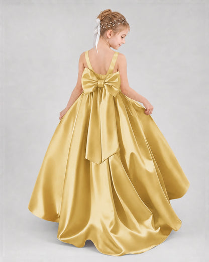 Gold Satin A-line Flower Girl Dress Back View