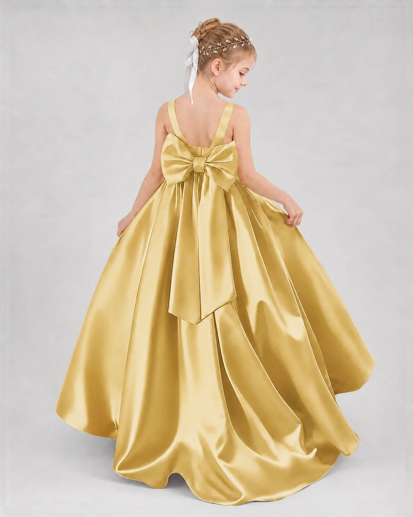 Gold Satin A-line Flower Girl Dress Back View