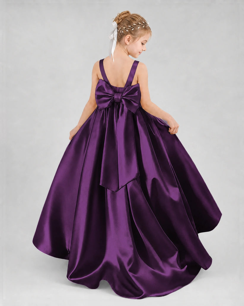 Grape Satin A-line Flower Girl Dress Back View
