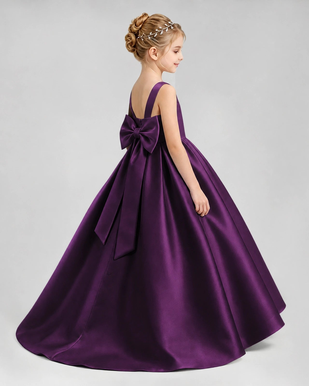 Grape Satin Ball Gown Flower Girl Dress Side View