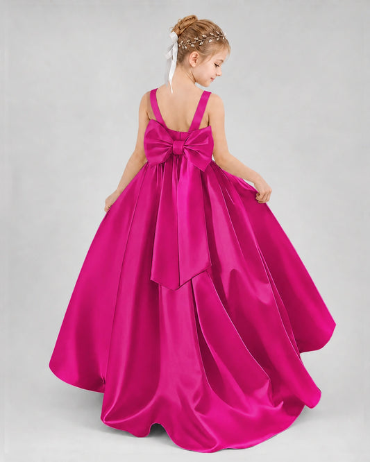Hot Pink Satin A-line Flower Girl Dress Back View