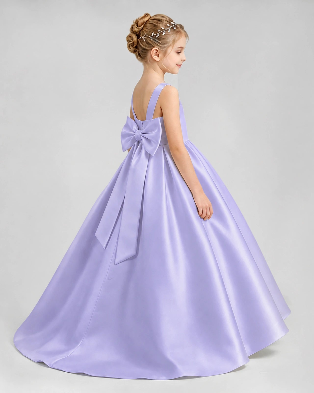 Lavender Satin A-line Flower Girl Dress Side View