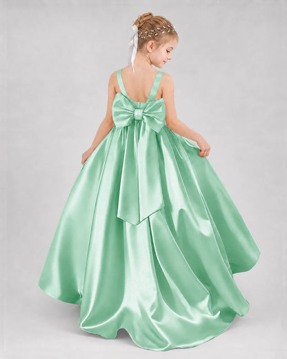 Mint Green Satin A-line Flower Girl Dress Back View