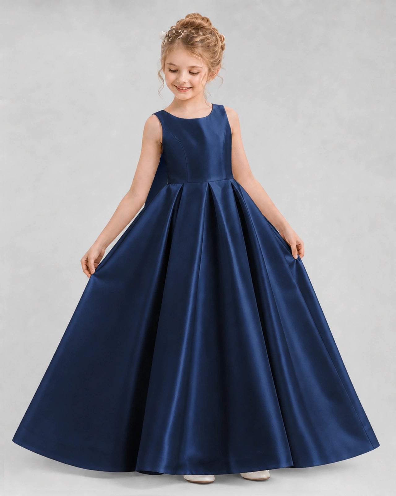 Navy Blue Satin A-line Flower Girl Dress Front View