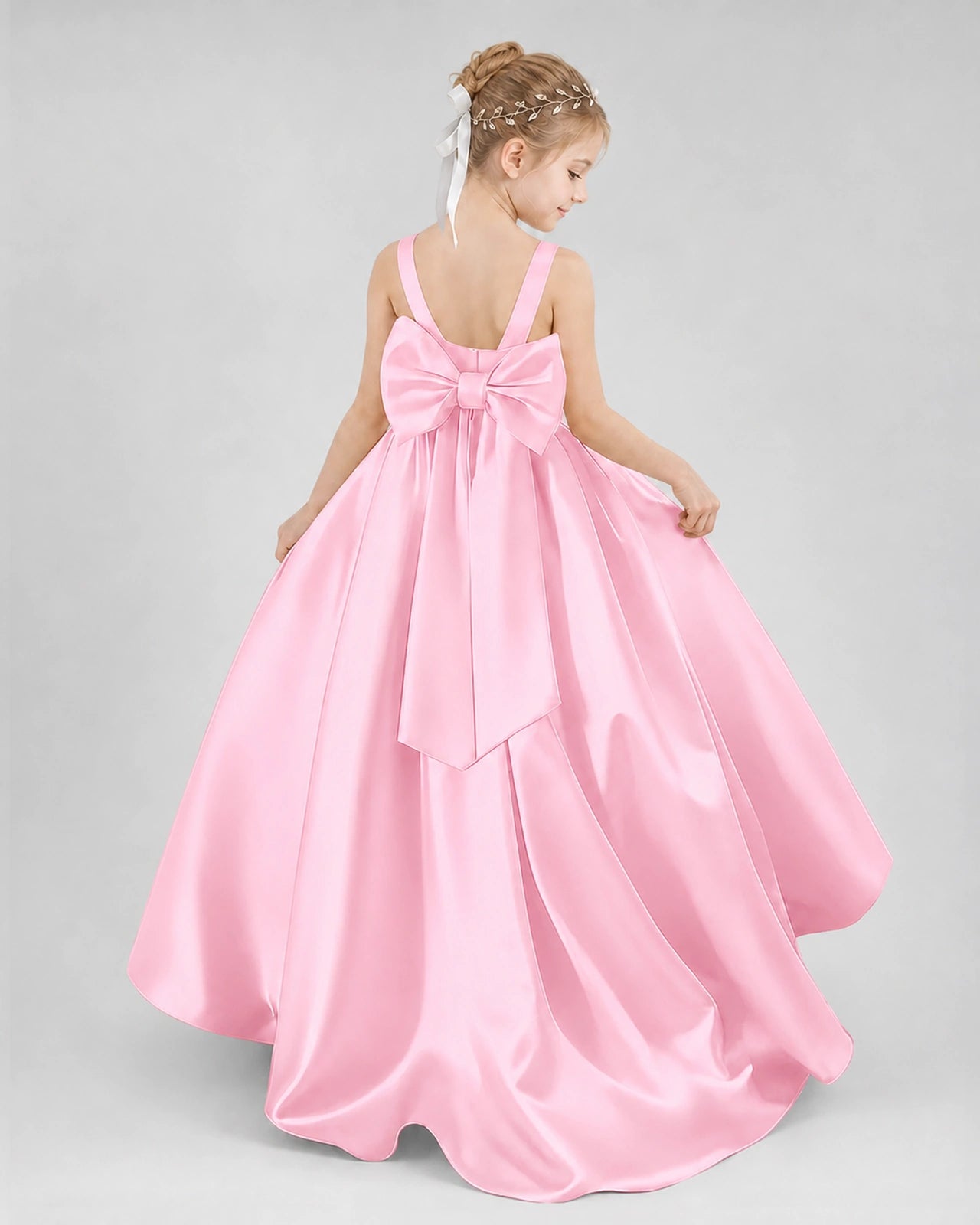 Pink Satin A-line Flower Girl Dress Back View
