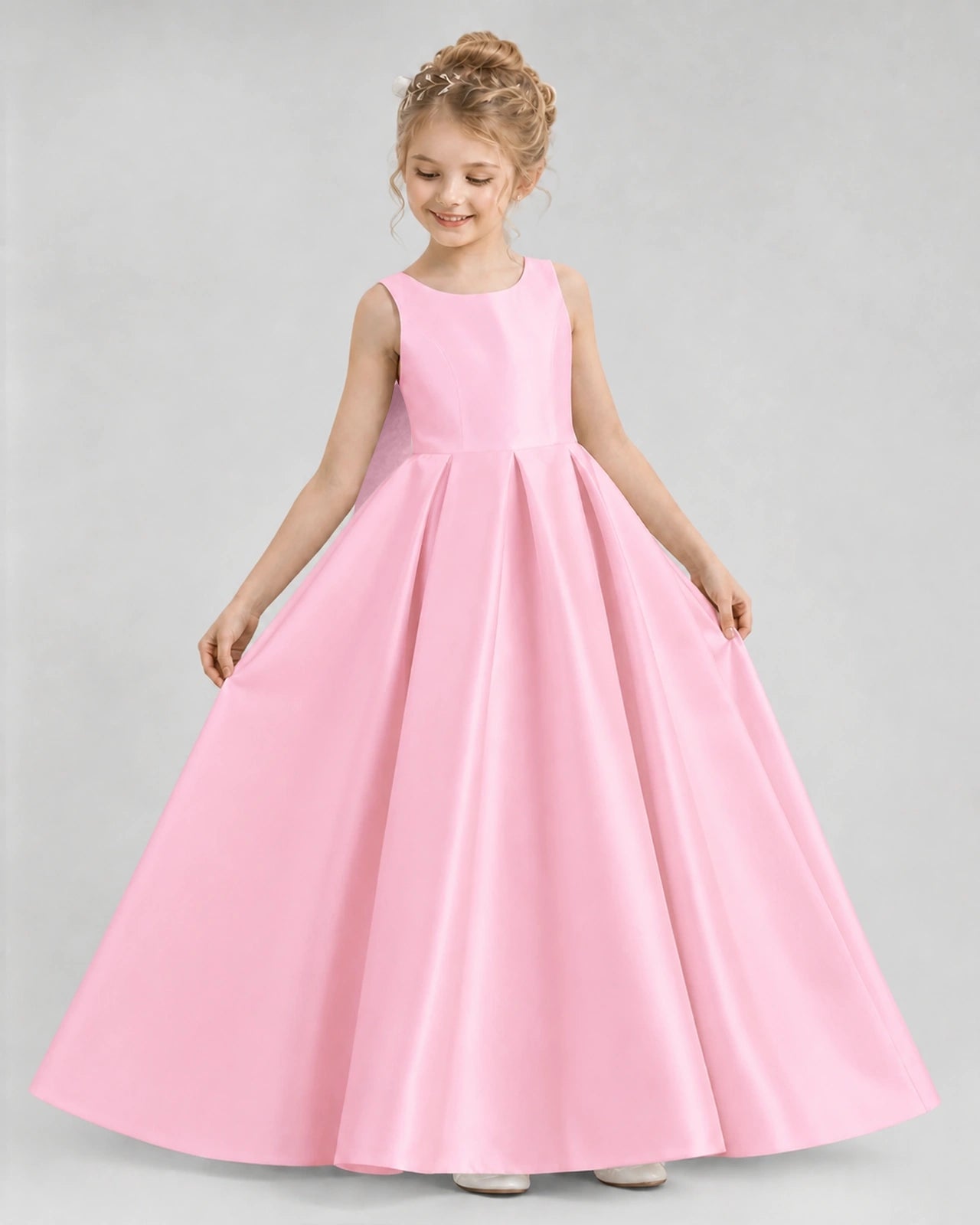 Pink Satin A-line Flower Girl Dress Front View