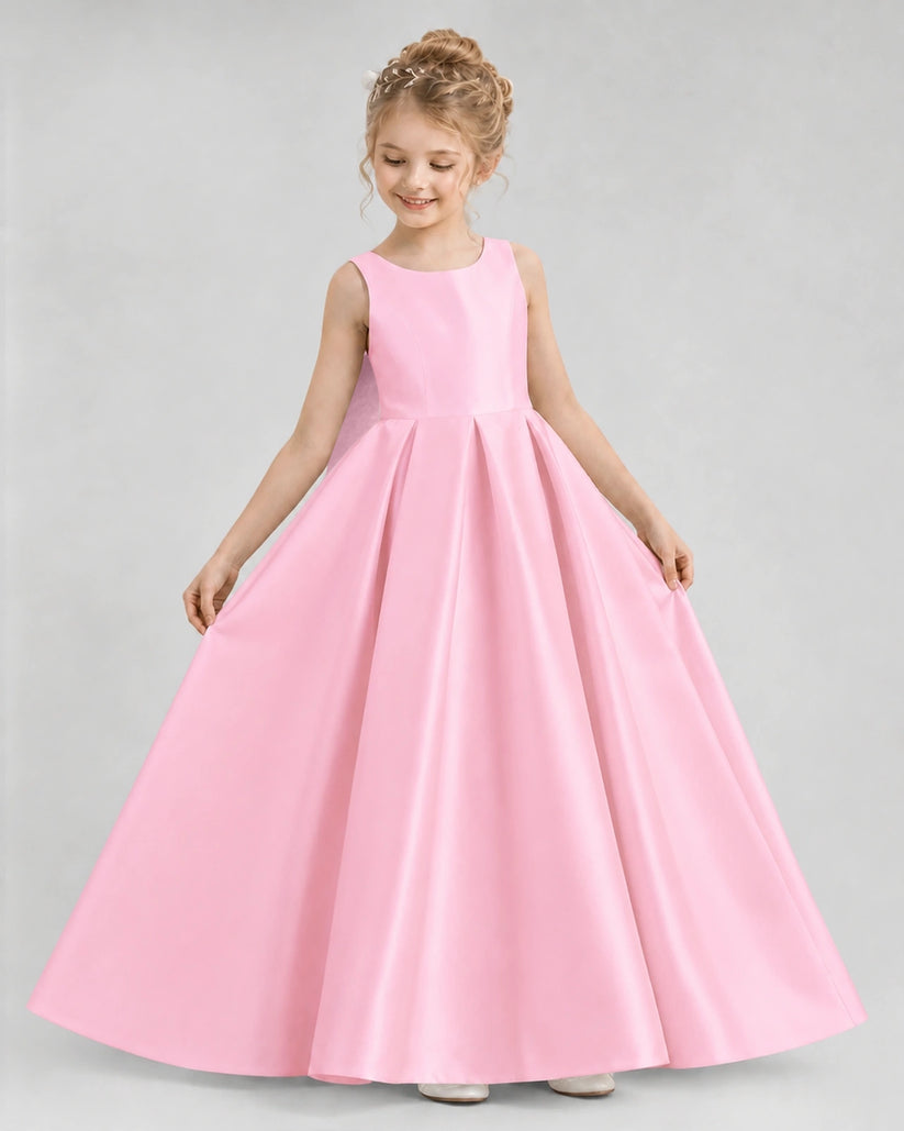 Pink Satin A-line Flower Girl Dress Front View