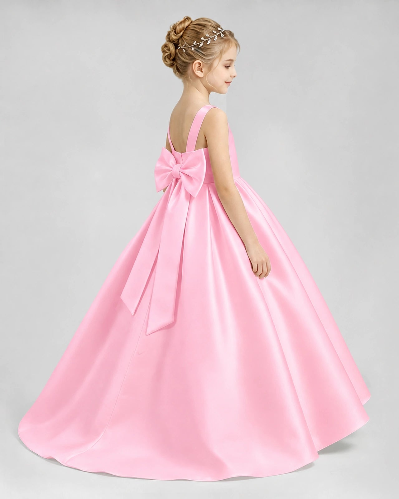 Pink Satin A-line Flower Girl Dress Side View