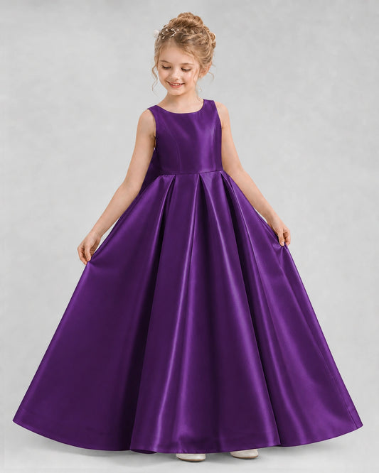 Purple Satin A-line Flower Girl Dress Front View
