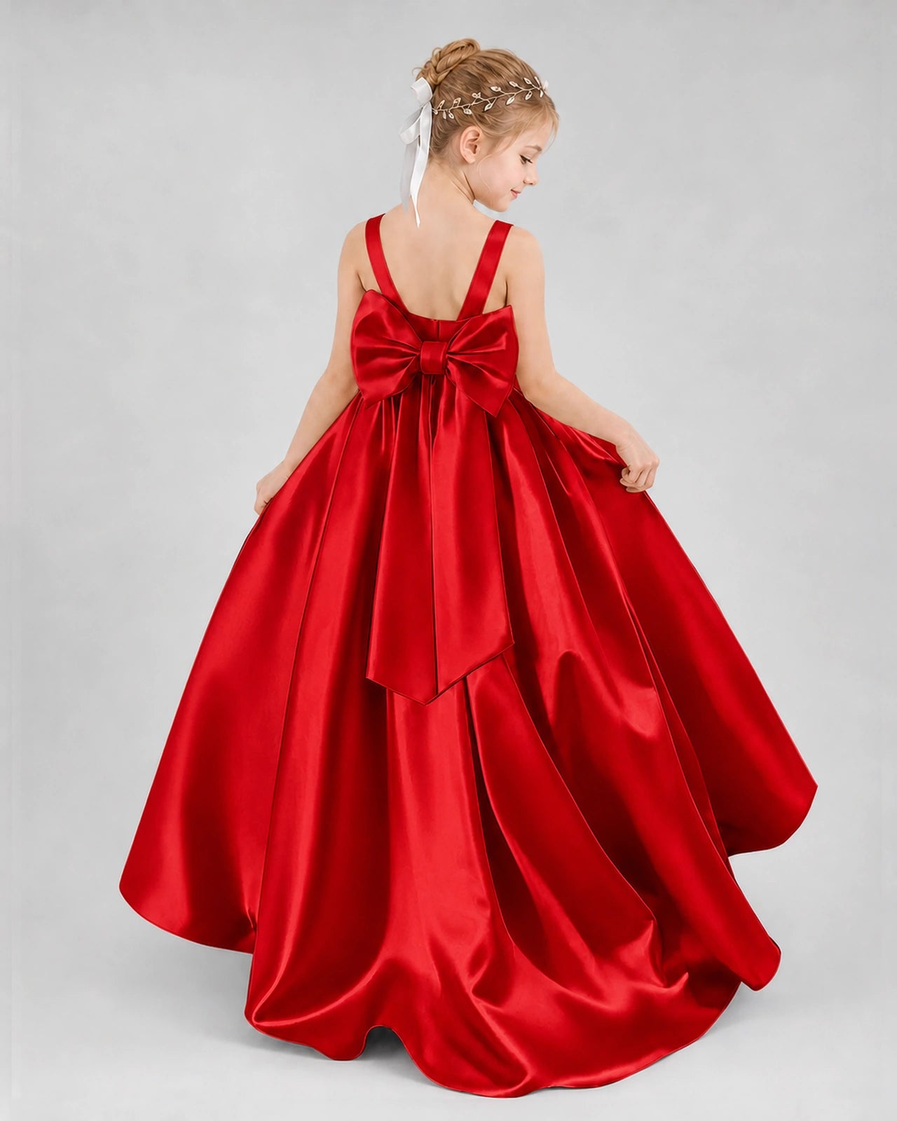 Red Satin A-line Flower Girl Dress Back View