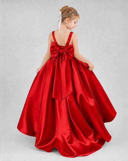 Red Satin A-line Flower Girl Dress Back View