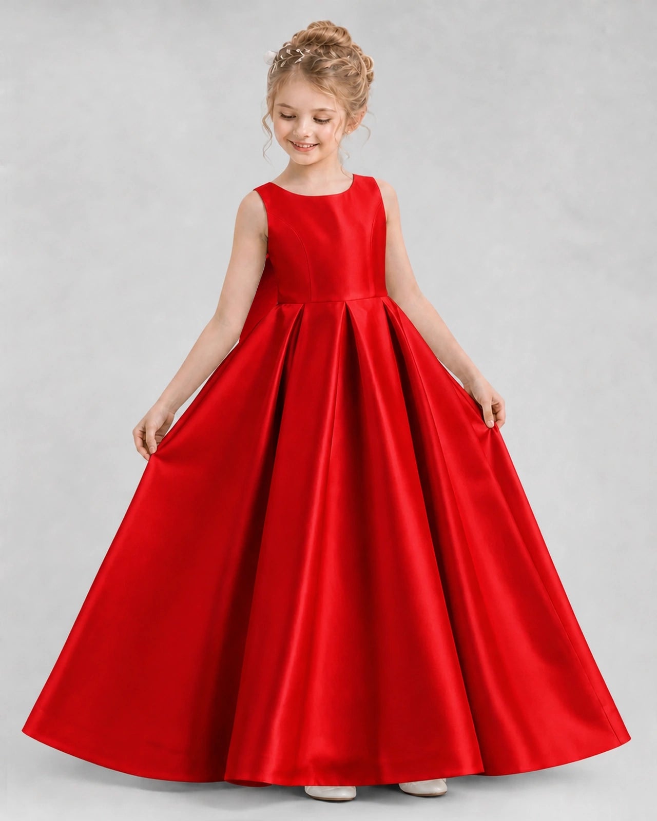 Red Satin A-line Flower Girl Dress Front View