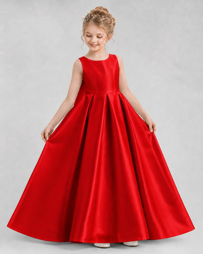 Red Satin A-line Flower Girl Dress Front View