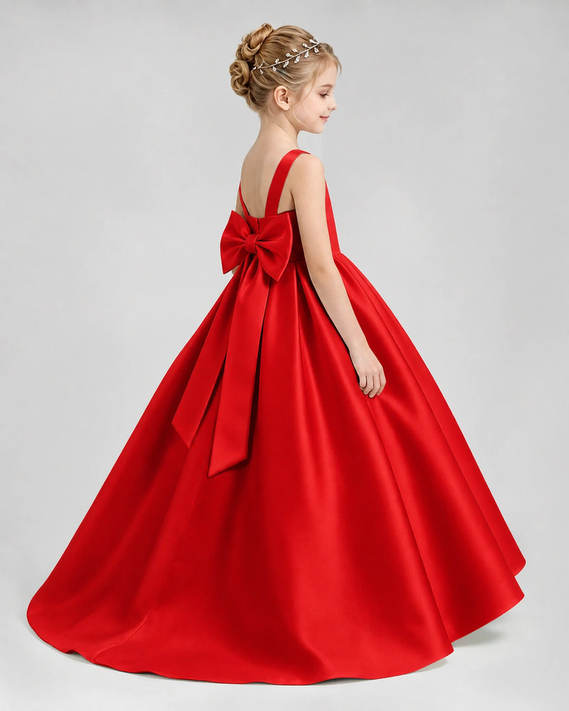 Red Satin A-line Flower Girl Dress Side View