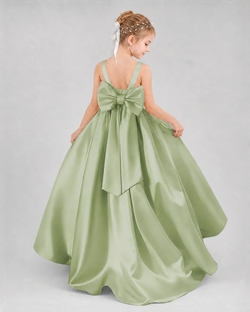 Sage Green Satin Ball Gown Flower Girl Dress Back View