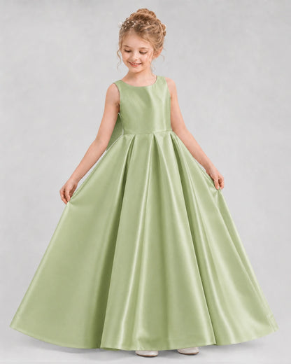 Sage Green Satin A-line Flower Girl Dress Front View