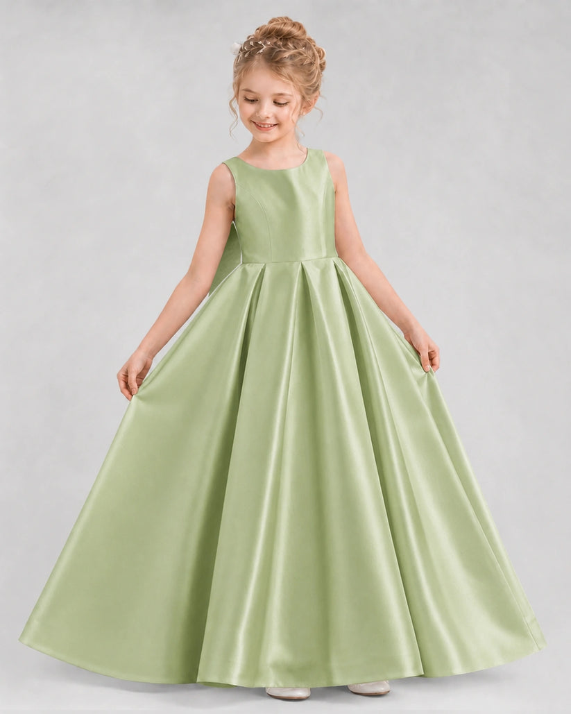 Sage Green Satin A-line Flower Girl Dress Front View