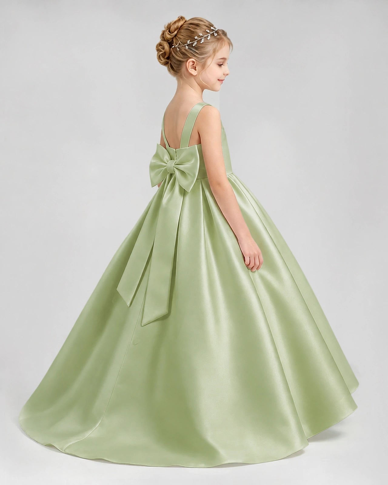 Sage Green Satin A-line Flower Girl Dress Side View