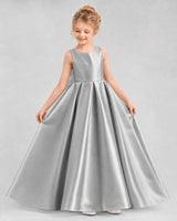 Silver Satin A-line Flower Girl Dress Front View