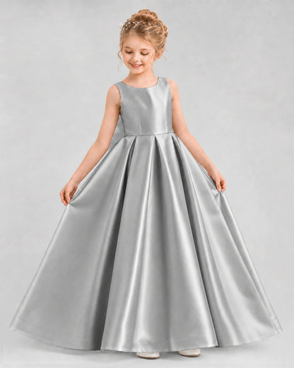 Silver Satin A-line Flower Girl Dress Front View