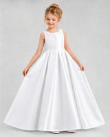 White Satin A-line Flower Girl Dress Front View