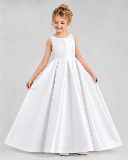 White Satin A-line Flower Girl Dress Front View