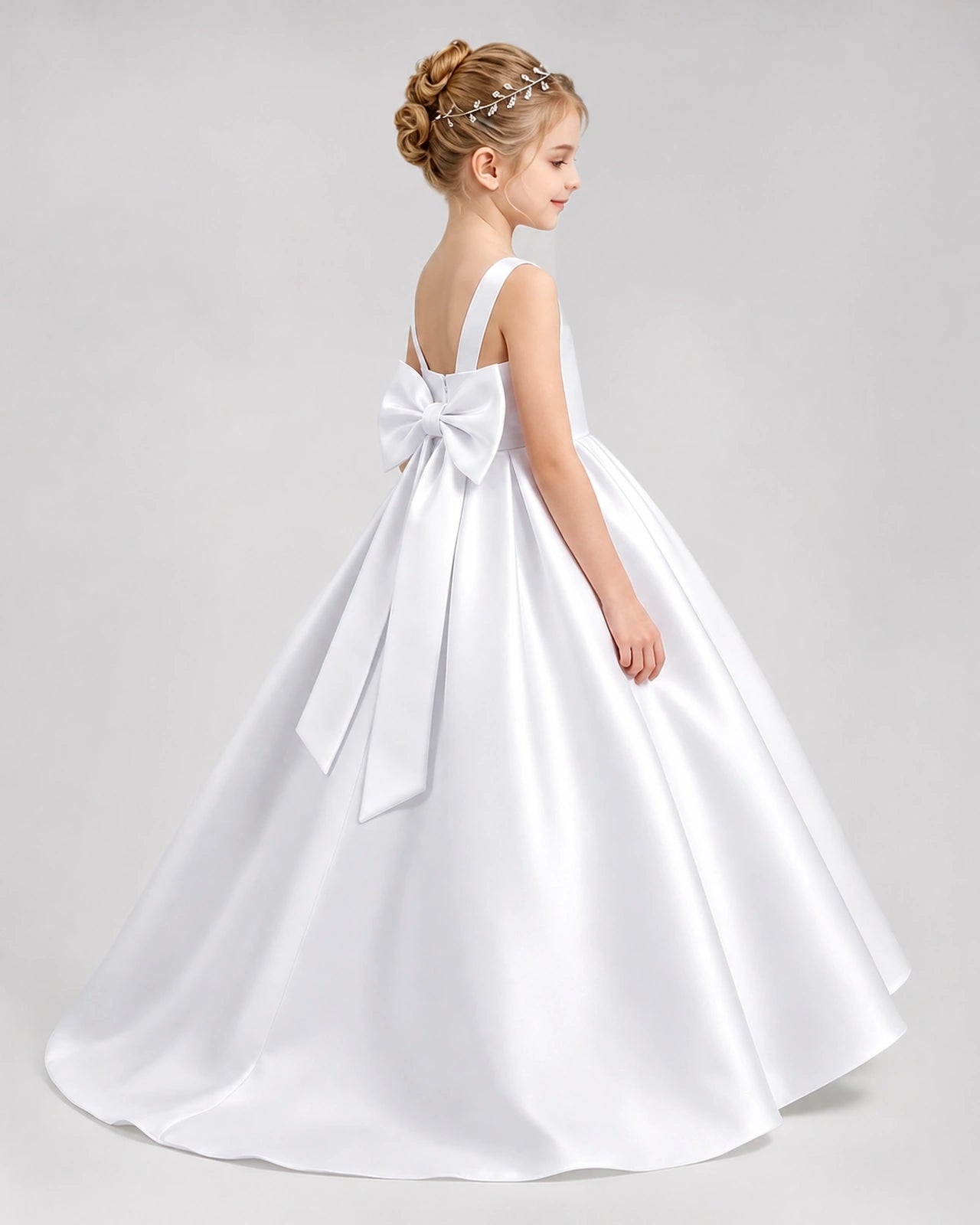 White Satin A-line Flower Girl Dress Side View