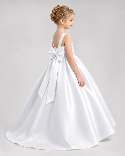 White Satin A-line Flower Girl Dress Side View