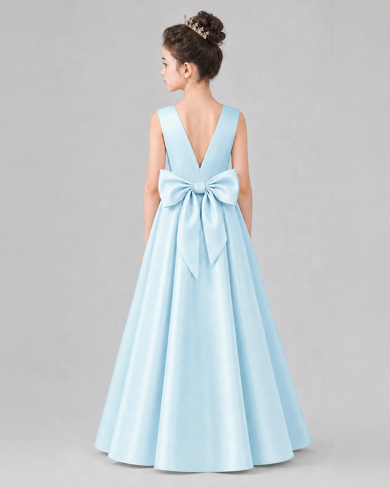 Baby Blue Satin A-line Girls Formal Dress Back View