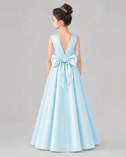 Baby Blue Satin A-line Girls Formal Dress Back View