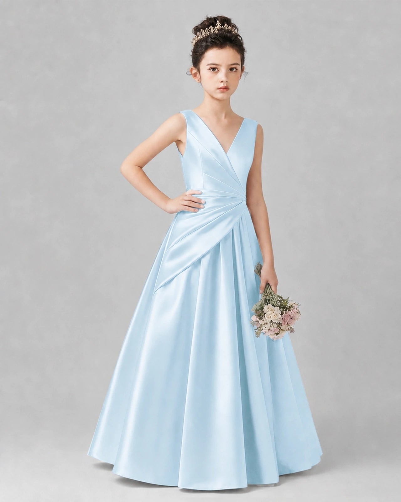 Baby Blue Satin A-line Girls Formal Dress Front View