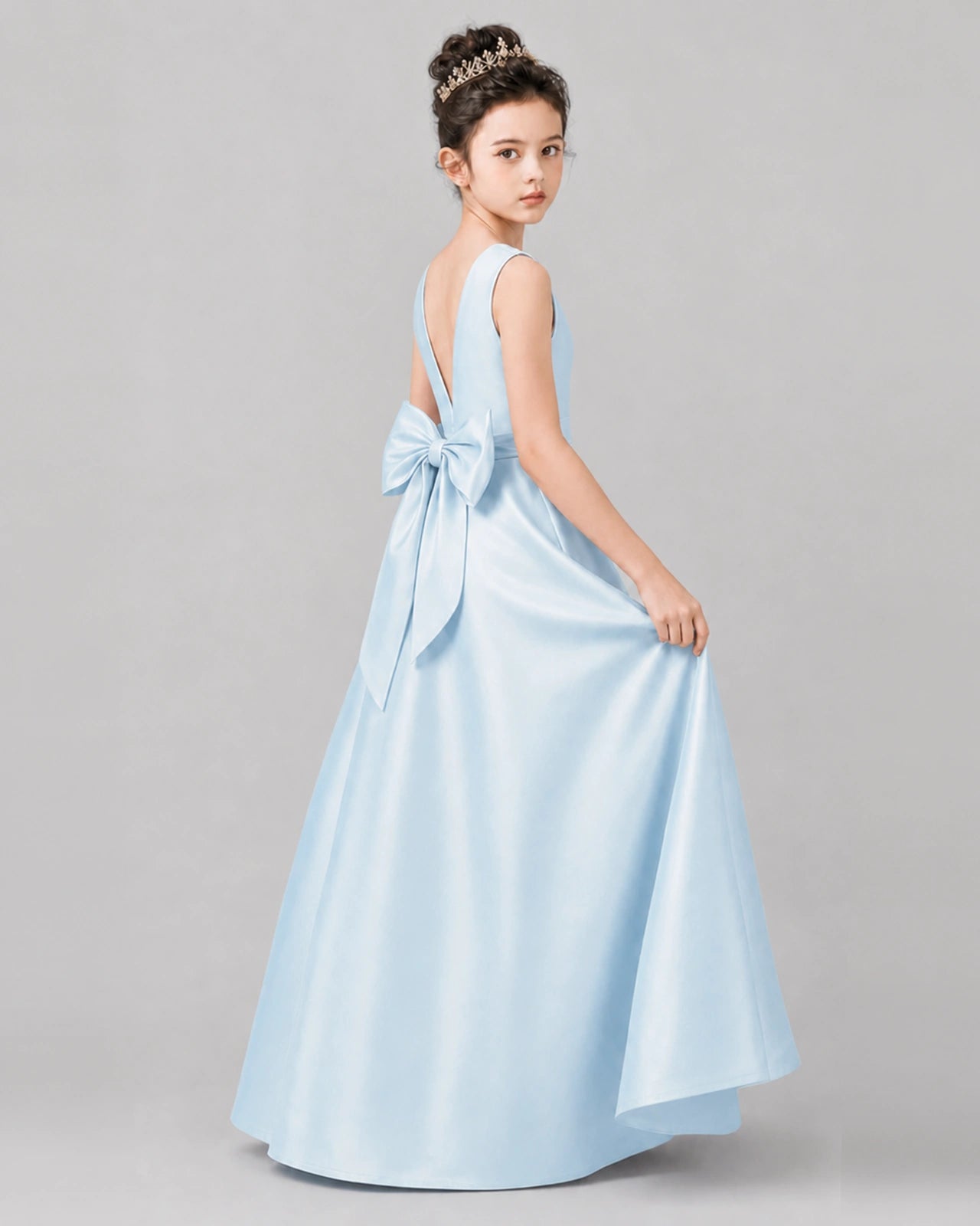 Baby Blue Satin A-line Girls Formal Dress Side View