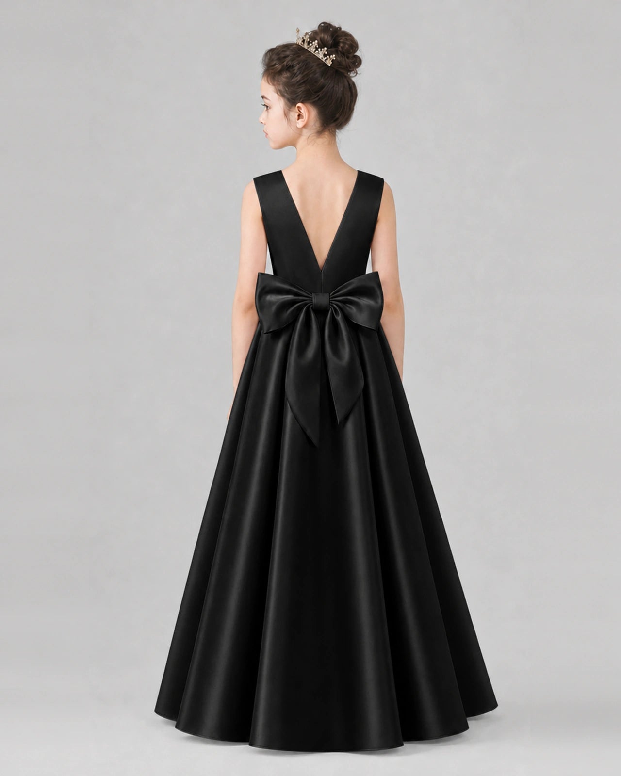 Black Satin A-line Girls Formal Dress Back View