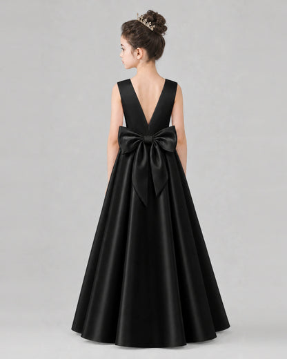 Black Satin A-line Girls Formal Dress Back View