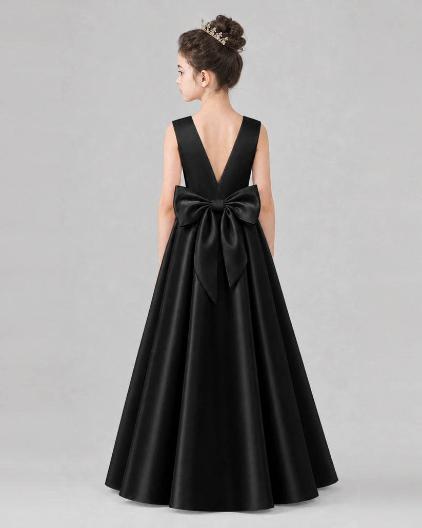 Black Satin A-line Girls Formal Dress Back View