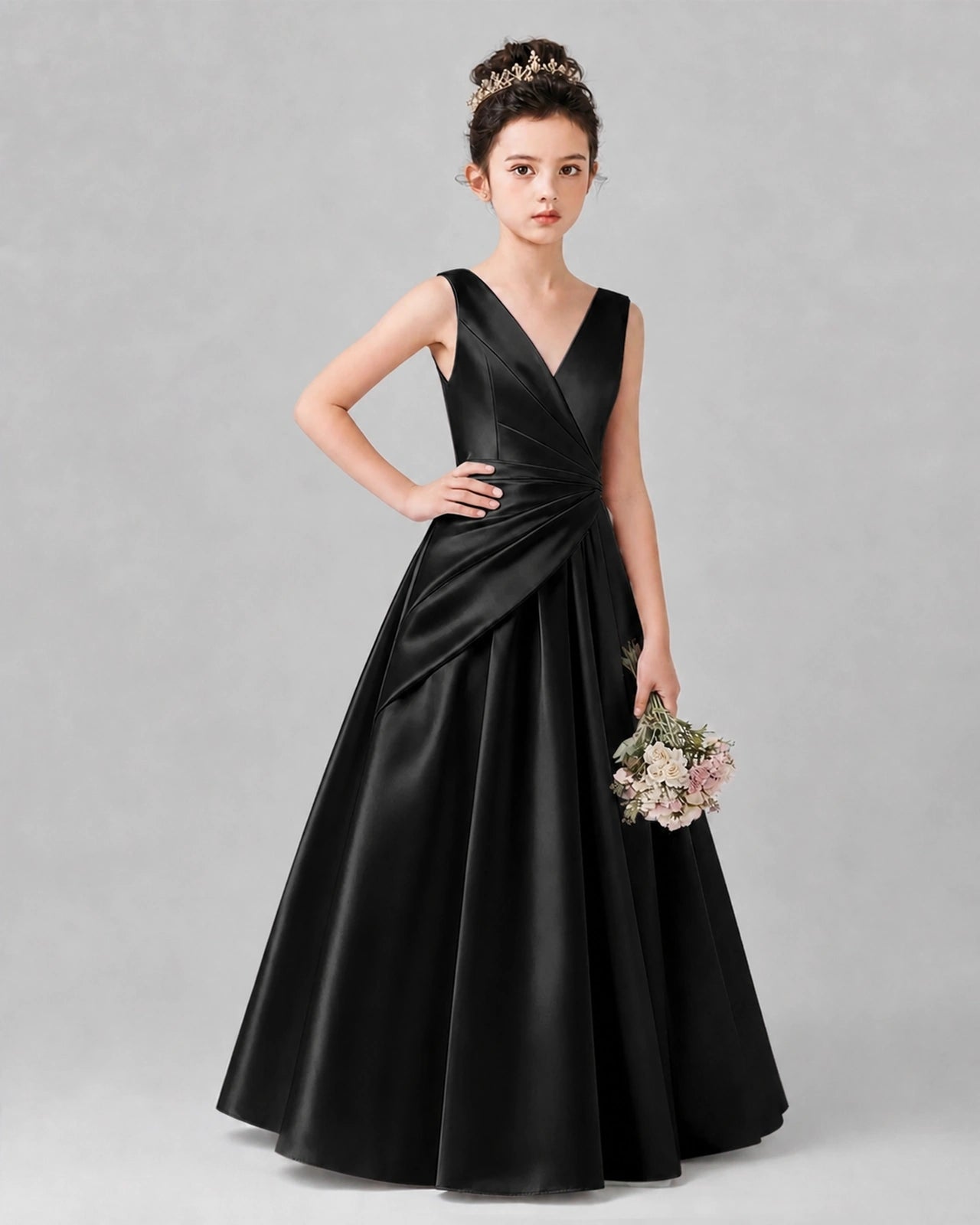 Black Satin A-line Girls Formal Dress Front View