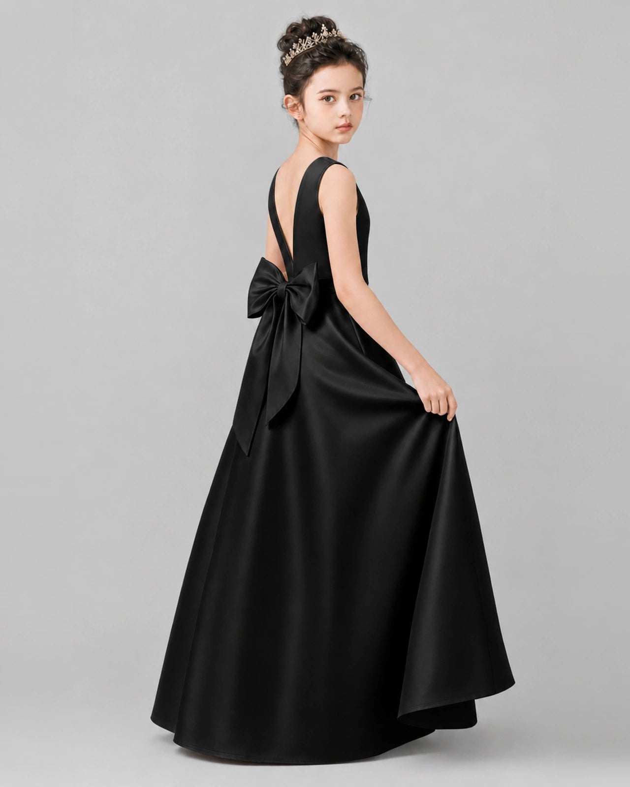 Black Satin A-line Girls Formal Dress Side View