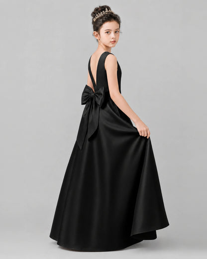 Black Satin A-line Girls Formal Dress Side View