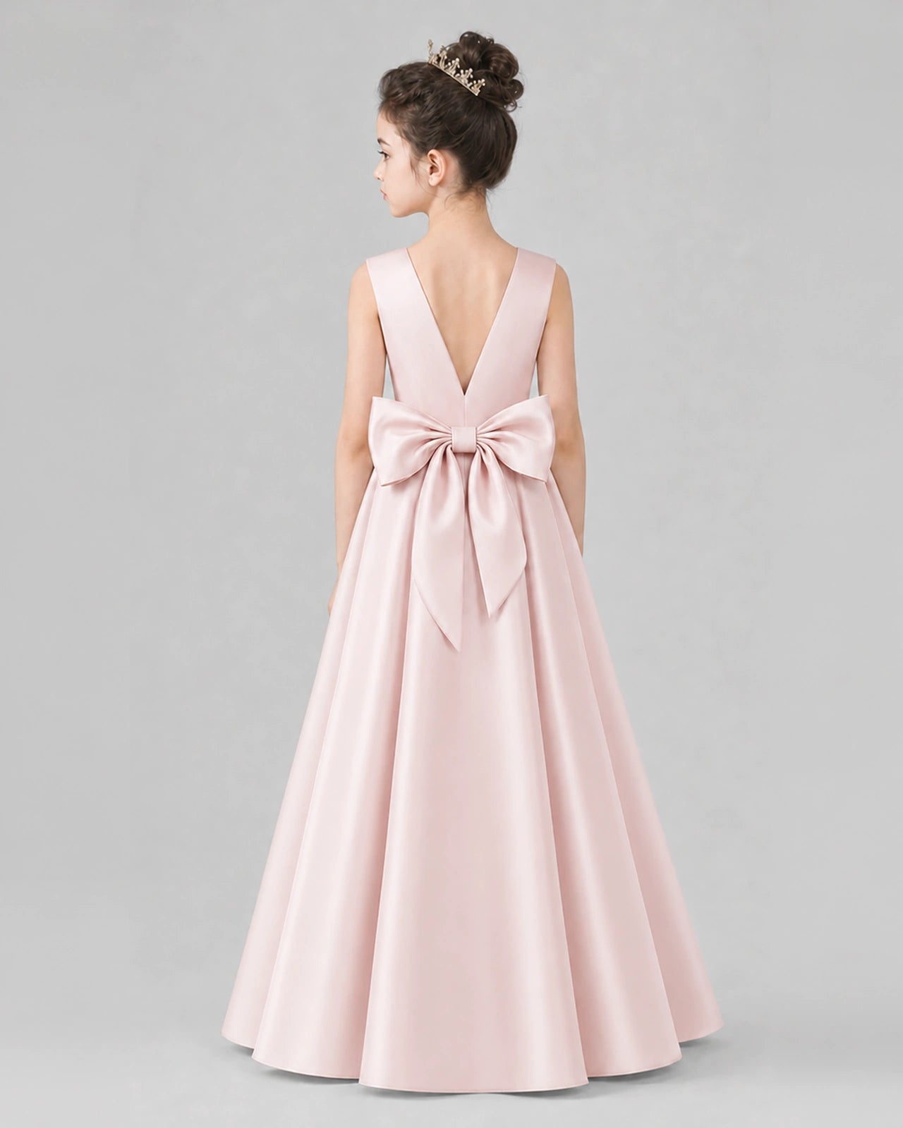 Blush Pink Satin A-line Girls Formal Dress Back View