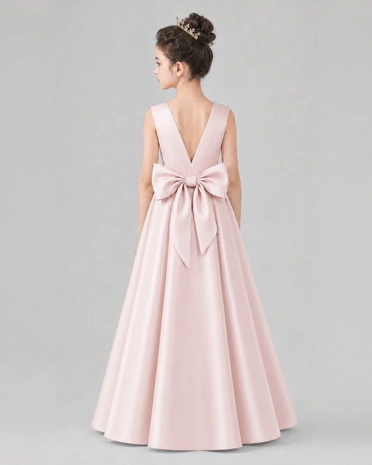 Blush Pink Satin A-line Girls Formal Dress Back View
