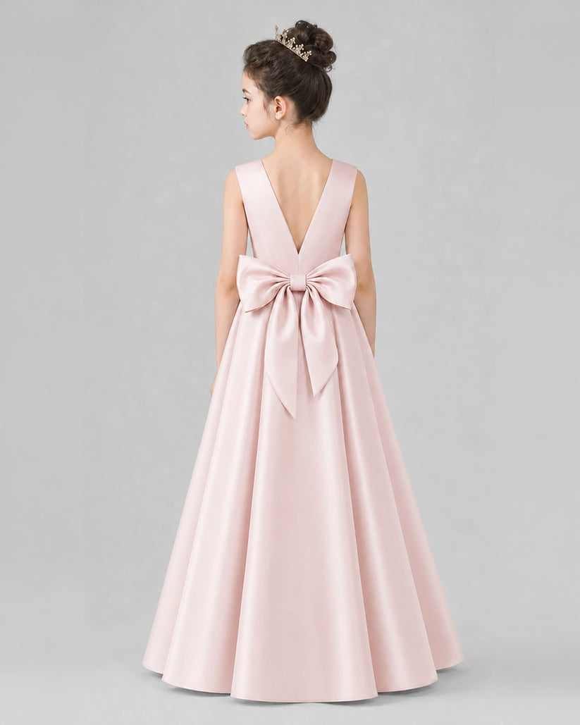Blush Pink Satin A-line Girls Formal Dress Back View