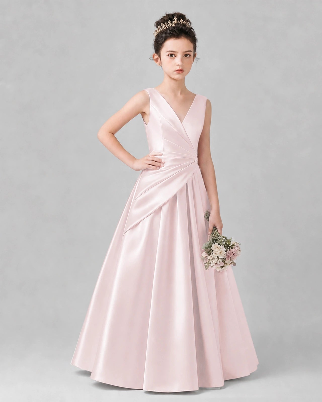 Blush Pink Satin A-line Girls Formal Dress Front View