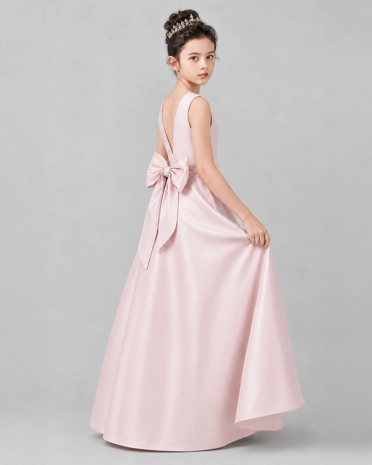Blush Pink Satin A-line Girls Formal Dress Side View