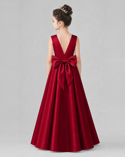 Burgundy Satin A-line Girls Formal Dress Back View